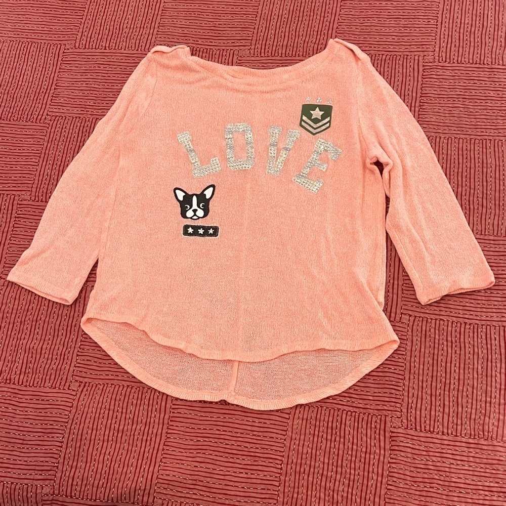 Justice Peach 3/4 length Sleeve pug Dog crewneck light knit sweater Top